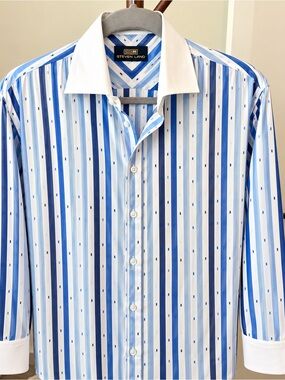 Steven Alan Blue Multi-Stripe Dress Shirt with White Contrast Collar